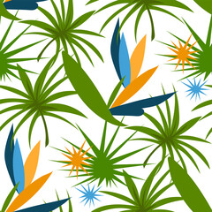Strelitzia pattern with tropical leaves on a white background and abstract thorns. Botanical texture with flowers. Flat vector illustration with yellow-blue flowers. printing on textiles and paper.