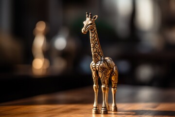 A giraffe figurine sitting on top of a wooden table. Generative AI.