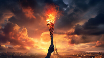 burning torch with flame in hand and eiffel tower - obrazy, fototapety, plakaty