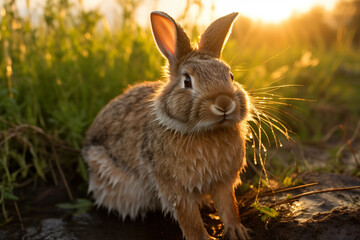 Naklejka na ściany i meble a rabbit sitting in the grass near a stream