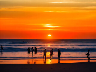 summer people in silhouette enjoying the sunset on the beach