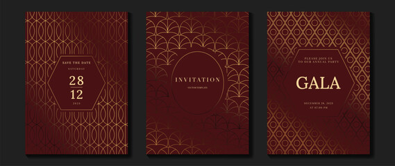 Luxury invitation card background vector. Golden curve elegant, gold lines gradient on red color background. Premium design illustration for gala card, grand opening, party invitation, wedding.