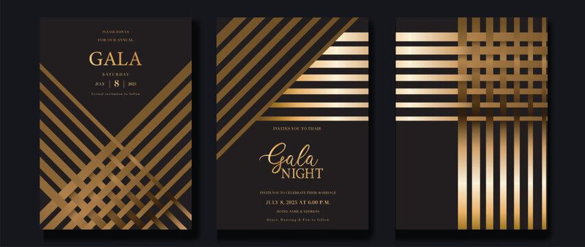 Luxury invitation card background vector. Golden curve elegant, gold line gradient on dark color background. Premium design illustration for gala card, grand opening, party invitation, wedding.