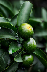 Green unripe orange fruit on tree