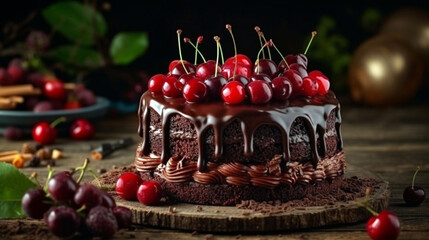 Delicious Black Forest Cherry Cake, Schwarzwald pie dessert, over a dark rustic wood table
