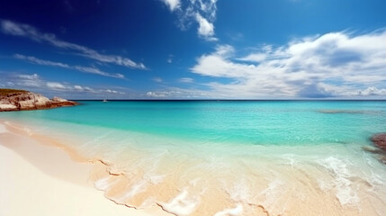 Fototapeta na wymiar Beautiful sandy beach with white sand and rolling calm wave of turquoise ocean on Sunny day