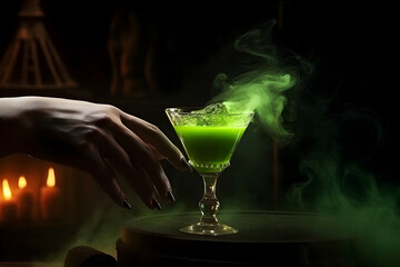 Witch hand and green color cocktail or potion with smoke in witch's study for Halloween, mystical, creepy atmosphere.