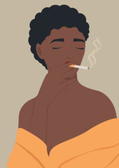 Aesthetic illustration of young afro woman smoking a cigarette