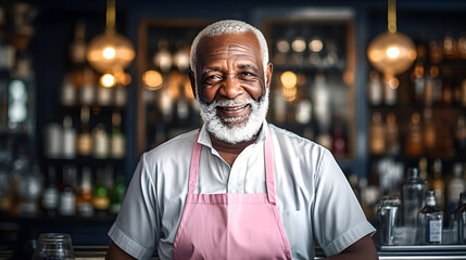 Charismatic smiling African American senior bartender standing in front of bar counter, looking towards the camera