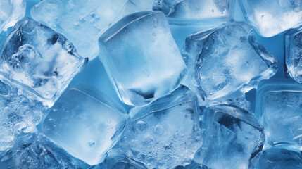 Ice cubes bluish background. Frozen water. Cold fresh concept. Generative AI