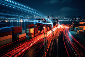  With a long exposure capture, a port comes alive with light trails showing the movement of containers, symbolizing constant logistics operations - obrazy, fototapety, plakaty