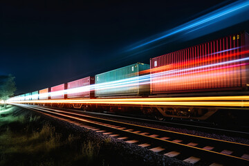 Fototapeta na wymiar In the quiet of the night, an elongated freight train, its containers illuminated, speeds past signifying the never-ending flow of logistics