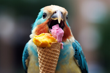 bird licks ice cream - obrazy, fototapety, plakaty