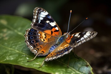 A vibrant butterfly perched gracefully on a lush green leaf