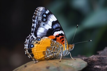 A butterfly perched on a rock in vibrant colors
