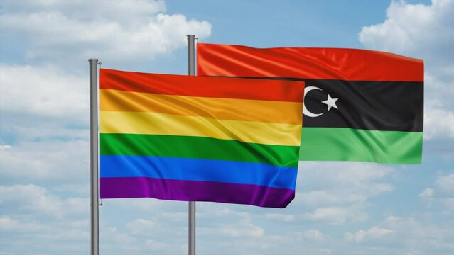 Libya and LGBT movement also Gay Pride flag waving together in the wind on blue sky, cycle looped video, two country cooperation concept