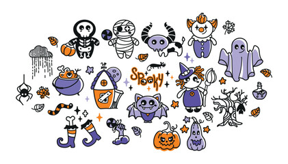 Fototapeta premium Kids halloween characters. Funny ghost, witch, spider, clown, skeleton, mummy. Halloween set. Vector.