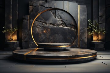 black luxury stone platform podium product presentation background. 3D rendering