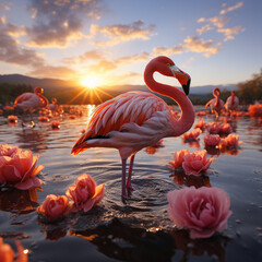 Flock of flamingos in the water created with Generative AI technology