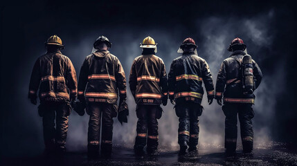 Firemans wearing firefighter turnouts and helmet. Dark background with smoke and blue light.