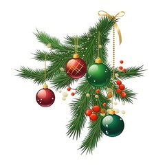 Green Christmas tree branch with christmas decorations for design on white background