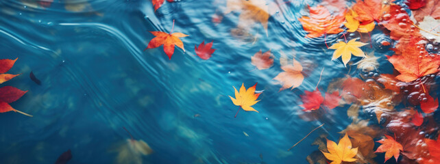 Fototapeta na wymiar Autumn natural background, web banner. Top view of autumn bright yellow orange red fallen maple leaves in blue water. Autumn mood atmosphere nature background