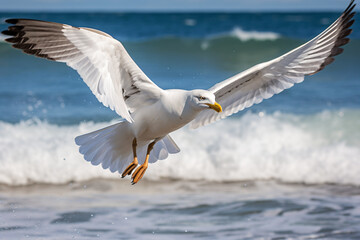 a seagull flying over the ocean with its wings spread