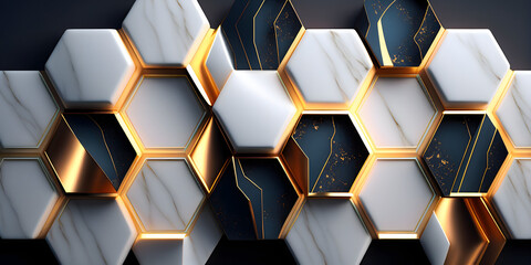 Marble hexagons with golden edges abstract background. generative ai.