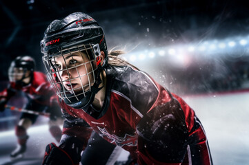 girl from women's ice hockey team, winter season, generated with AI