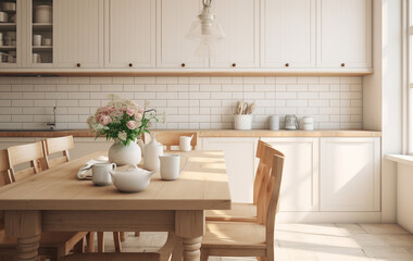 Fototapeta na wymiar Modern simple kitchen, with white wooden table. Generative AI