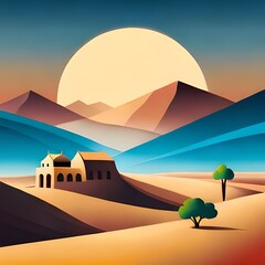 landscape with trees in desert illustration