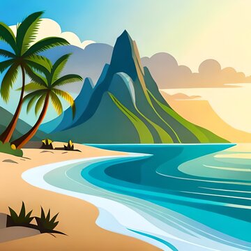beach with palm trees flate art illustration