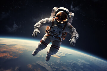 Suspended in the void of space, an astronaut experiences zero gravity, the breathtaking horizon of Earth stretching out in the distance