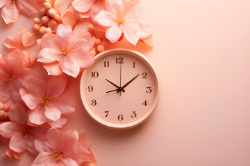 Alarm clock with pink flowers surrounding it On a pastel pink background, beautiful and lively.