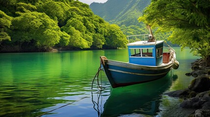 Fishing boat rests at anchor in a secluded cove, inflatable boat, fish, swimming, motorboat, canoe, sail, yacht, fishing rod. Generated by AI.