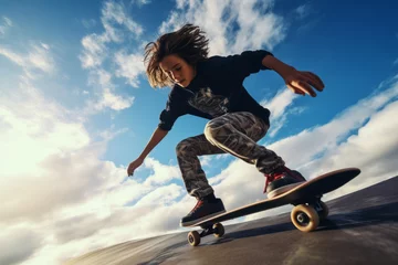Rolgordijnen Youthful energetic teenager skateboarding , teen boy on skateboard doing tricks © Keitma