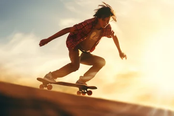 Poster Youthful energetic teenager skateboarding , teen boy on skateboard doing tricks © Keitma