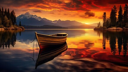 Fishing boat finds solace on a calm lake, board, mast, frigate, ferry, catamaran, sloop, boatman, journey, steering wheel. Generated by AI.