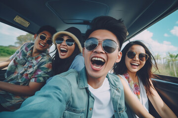 Group of asian young energetic friends road trip together during summertime, inside a vehicle