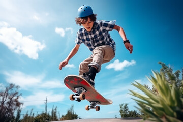 Youthful energetic teenager skateboarding , teen boy on skateboard doing tricks