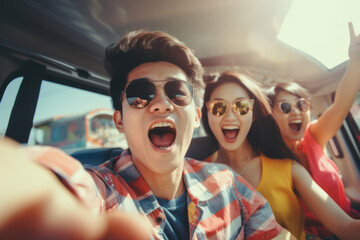 Group of asian young energetic friends road trip together during summertime, inside a vehicle