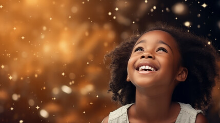 Banner with happy black African girl looking up at the stars with galaxy sky background and copy space