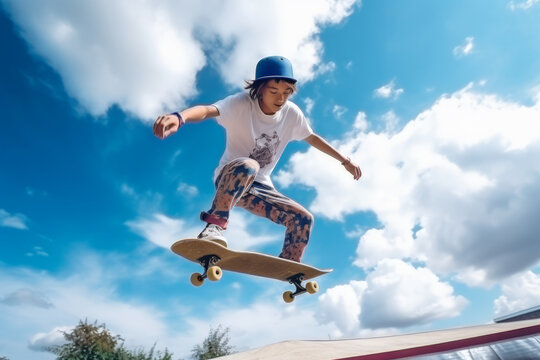 Youthful energetic teenager skateboarding , teen boy on skateboard doing tricks - Powered by Adobe