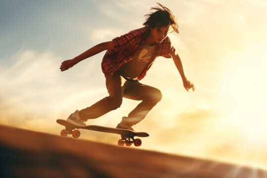 Youthful energetic teenager skateboarding , teen boy on skateboard doing tricks