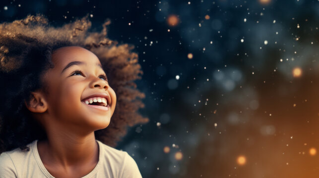 Banner With Happy Black African Girl Looking Up At The Stars With Galaxy Sky Background And Copy Space