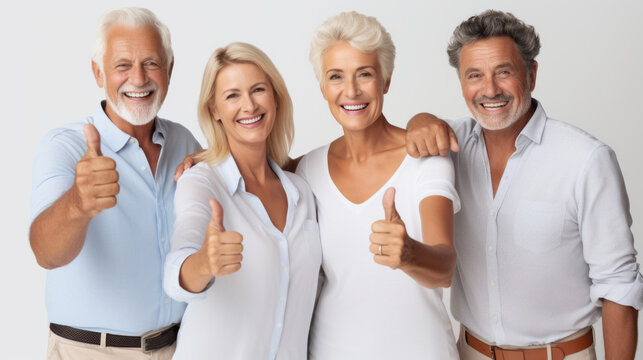 Group of caucasian middle-aged men and mature woman thumbing up and smiling at the camera happily , positive people background