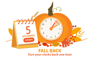 Daylight saving time ends 2023, Fall Back banner. Alarm clock and calendar date of sunday, November 5. Fall Backward vector illustration with clocks and pumpkin. Reminder text set clock back one hour