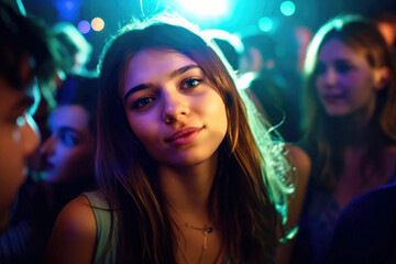 Portrait of a beautiful young woman dancing in a club