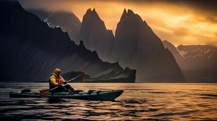 Fisherman utilizes a fishing kayak to access remote fishing spots, bait, worm, summer, catfish, shore, river, seine, carp, poacher, pond. Generated by AI. - obrazy, fototapety, plakaty