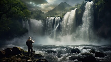 Fishing line is cast into the calm waters, fishing rod, wave, pier, rowing, current, pond, life jacket, herring, canoe, kayak. Generated by AI.